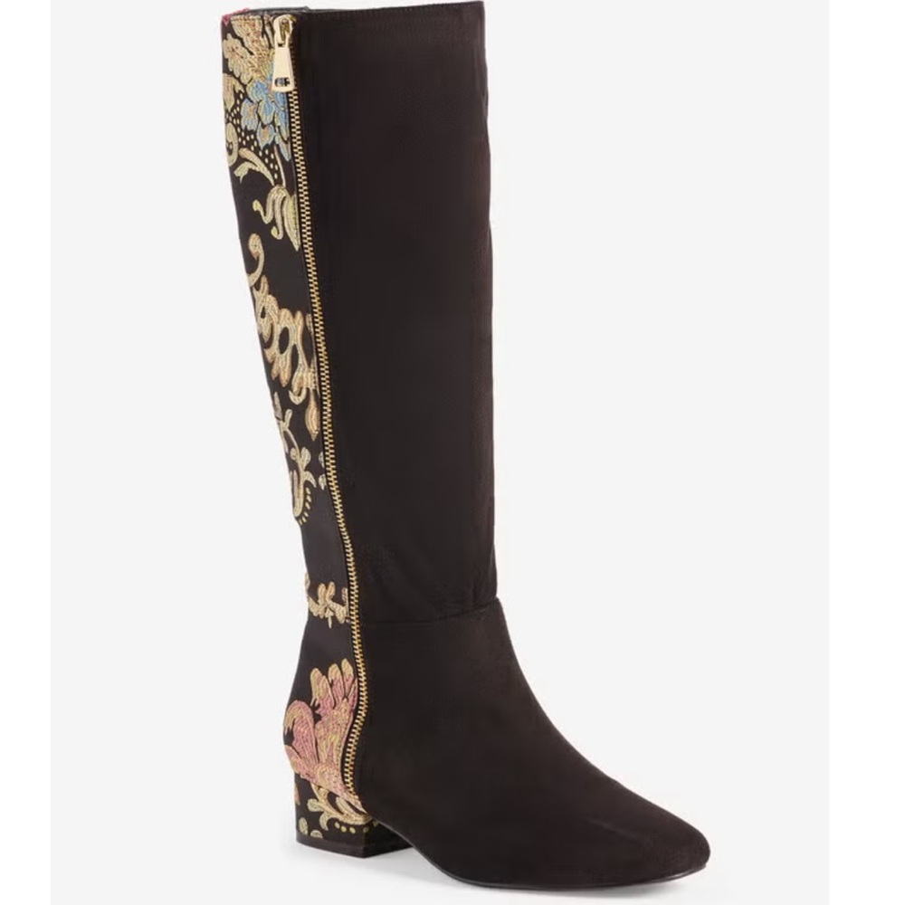 Black Floral Knee-High Wide Legged Boots